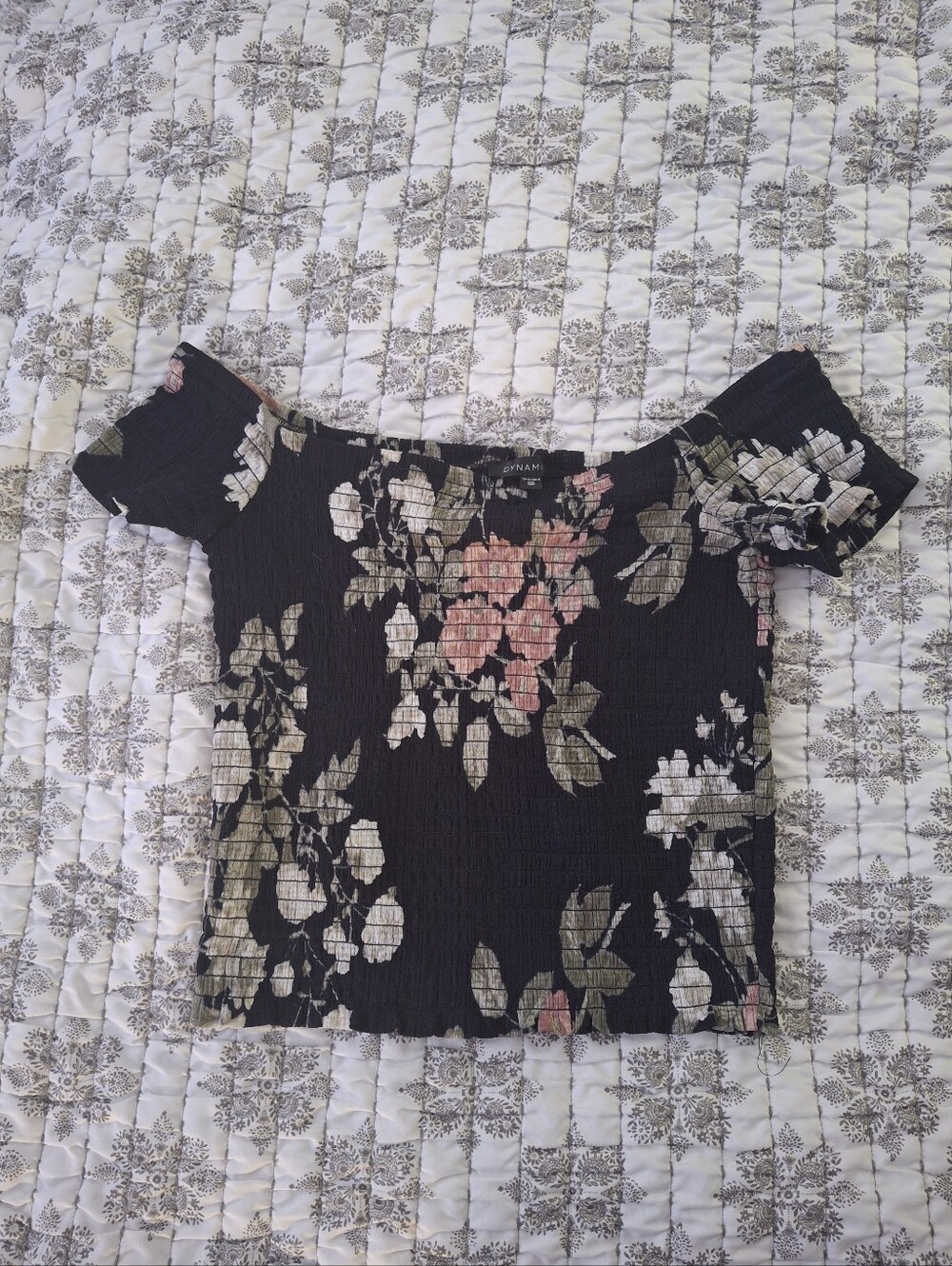 Dynamite Black Off-Shoulder Floral Smocked Top with Pink & Olive Accents
